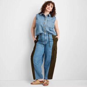 Women's Mid-Rise Barrel Leg Mixed Fabric Jeans - Future Collective Blue Denim